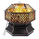 Feuerschale mit Funkenschutz, Sechseckige Feuerstelle Garten, Feuerkorb mit Grillrost,...