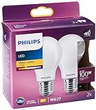 Philips LED Classic E27 Lampe, 100 W, Tropfenform, A60, matt, warmweiß, 2er Pack