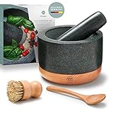 Diemker Premium Granit Mörser mit Stößel, Ø 14 cm, abnehmbarer Holzfuß,...