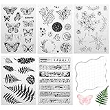 5 Blätter Silikonstempel, 5 Muster Transparente Stempel Blumen Farn Schmetterling...