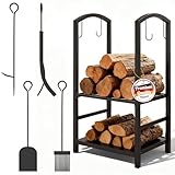 Kidsgigglz Kaminholzregal Metall mit 4 Kaminwerkzeugen, Doppelschichtiges Brennholzregal...