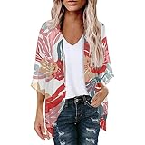 Damen Strickjacken Blumendruck 3/4 Ärmel Kimono Cardigan Sommer Strand Cover Up Chiffon...