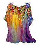 Xmrtxx Damen Leinen Bluse Rundhals Kurzarm Shirts Blumen Schmetterling und Feder Drucken...