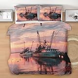 Generisch Boot Bettwäsche Set, Sonnenaufgang Bettbezug Set Wendebettwäsche 200x200 cm,...