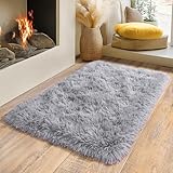 BSGIFT Teppich Hochflor Flauschig 60x110 Läufer Grau, Shaggy Langflor Teppich Wohnzimmer...
