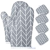 AUAUY 1 Paar Ofenhandschuhe und 4 Topflappen, Baumwolle rutschfeste Topfhandschuhe,...