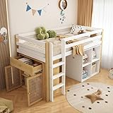 Kinderbett Hochbett 90x200, mit 2 Aufbewahrungsschrank und Leiter,...