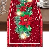 Tischläufer Weihnachten 183 x 33cm, Tischdecke Weihnachten, Rote Leinen...
