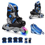 JAMBACH Kinder Inliner Set mit Protektoren verstellbar zum Rollschuh mit LED blau (M...