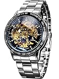 Alienwork IK Automatikuhr Armbanduhr Herren Damen Silber Edelstahl Metallarmband Schwarz...