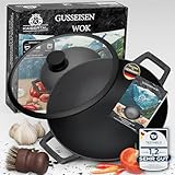 KAISERTAL 32cm Gusseisen Wok Induktion - Wokpfanne aus Gusseisen mit Glasdeckel...