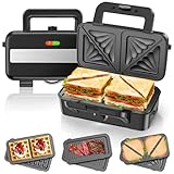 Sandwichmaker 3 IN 1, 1200W & 5-Gang-Temperaturregelung Waffeleisen, Sandwichtoaster,...