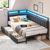 DICTAC Polsterbett Schlafsofa 90x200 mit LED-Beleuchtung und USB-Ladestation,Jugendbett...