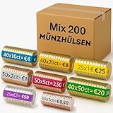 AF® - 200 Münzhülsen mannigfach | 25 Münzrollen für 2 euro, 1 euro, 50cent,...