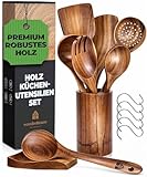 Holz Kochbesteck-Set mit Halter, Pfannenwender Kochlöffel Schöpfkelle...