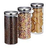 Relaxdays Vorratsglas 3er Set, 1,3 L, luftdicht, Edelstahl Deckel, für Pasta, Müsli &...