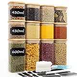 Vorratsdosen Glas 12er Set, Withosent Gewürzgläser Eckig Holzdeckel 430/600ml,...
