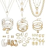JeryWe 46 Stück Schmucksets für Damen mit 3 PCS Halskette 12 Stück Armbänder 9 Stk....