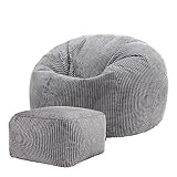 Icon Klassischer Sitzsack Flauschig aus Cord „Kingston“ mit Hocker, Anthrazitgrau,...