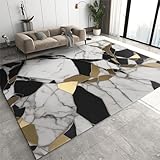 Waschbarer Marmor-Textur-Teppich – Schwarz Gold Weiß Geometrisches Design Weicher...