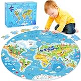 Puzzle Weltkarte Kinder ab 3-8 Jahre, 71 Teile Große Rundes Puzzle für Jungen Mädchen,...