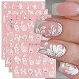 4 Blatt 3D Nagelsticker Frühling Blume Nagelaufkleber 5D Stereoskopisch Selbstklebend...