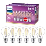 Philips LED Classic E27 Lampe, 60 W, A60, Tropfenform, klar, warmweiß, 6er Pack