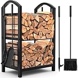 Amagabeli Kaminholzregal Innen Brennholzregal mit 4 Kaminwerkzeug 74x40x30cm...