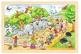 Goki 57808 Zoo Einlegepuzzle Zoobesuch aus Holz, Holzpuzzle mit Zootieren als Motiv,...