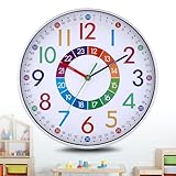 JIZZU Kinder Wanduhr Ohne Tickgeräusche, 30cm Bunt Zahlen Wanduhr, Lernende Wanduhr...