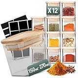 Stapelbare Gewürzgläser Set 150 ml Eckig - 12 Stück - Vorratsdosen aus Glas luftdicht -...