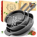 KRUSTENZAUBER 16+20+24cm Gusseisenpfannen Induktion - Voreingebrannte Gusseisen...