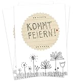 50 Einladungskarten - Kommt feiern! - Weiß Grau Beige mit Blumenwiese, vielseitige...