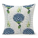 POMOTER Dekorativer Kissenbezug mit blauem Blumenmuster, Baumwollleinen, quadratisch, für...