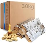 30 kg Birken Brennholz, 30 cm kammergetrocknet, mit 15 Kaminanzündern, ideal für Kamin,...