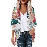 Damen Strickjacken Blumendruck 3/4 Ärmel Kimono Cardigan Sommer Strand Cover Up Chiffon...