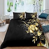 Bettwäsche 220x240 Erwachsene Schwarze goldene Blume Microfaser Bettwäsche Set, Schnell...