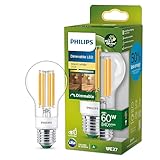 Philips Classic ultraeffiziente E27 LED Lampe, 60W, warmweiß, klar, dimmbar