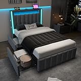 Polsterbett 90x200, LED Einzelbett mit USB Typ C Ladefunktion und 2 Schubladen, Bett...