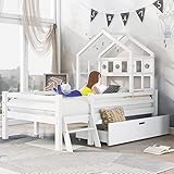 FEZTOY Hausbett Spielbett Kinder Bett, Vielseitiges Kiefernrahmen Kinderbett mit Leiter...