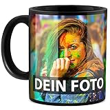 Schwarze Tasse selbst gestalten - mit Text & Foto bedrucken - mit anpassbarem Hintergrund...