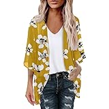 Damen Strickjacken Blumendruck 3/4 Ärmel Kimono Cardigan Sommer Strand Cover Up Chiffon...