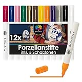 OfficeTree 12x Porzellanstifte Spülmaschinenfest - 12 Farben und 5 Schablonen -...