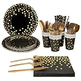 160 Stück Schwarz Gold Partygeschirr Pappteller Set für 20 Gäste,Wiederverwendbar...