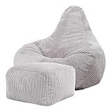 Icon Dalton Sitzsack mit Hocker Cord, Grau, Gaming Sitzsack Erwachsene mit Füllung, Bean...