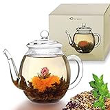 Creano Teekanne aus Glas mit Deckel für 500ml Tee aus Teeblumen, Teerosen und...