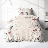 Träumschön Biber Bettwäsche 135x200 Creme Beige - Wintervogel Motiv - Kuschelige...