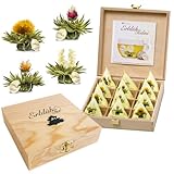 Creano Teelini Teeblumen im Tassenformat, Geschenkset in Teekiste aus Holz, 12...