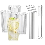 longyier Longdrinkgläser 4er Set, 380 ml Trinkgläser mit Strohhalm und...