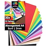 OfficeTree 30x Bögen Moosgummi 2mm - 15 Farben - Moosgummi Platten A4 Nicht selbstklebend...